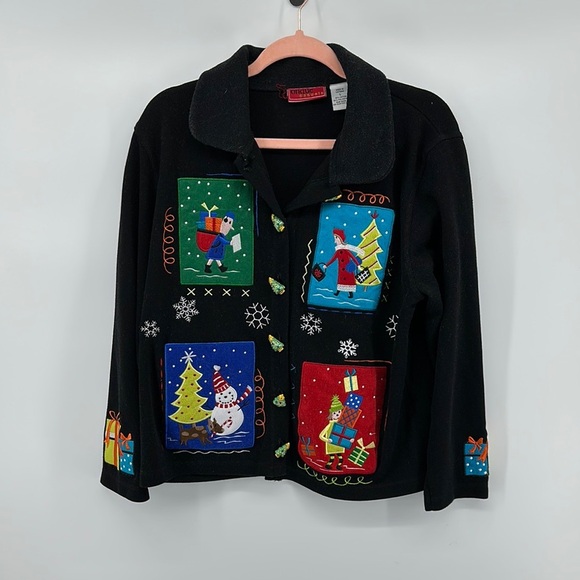 Onque Casuals Sweaters - Onque Casuals Ugly Christmas Black&Red Cardigan Sweater w/Festive Designs SzL